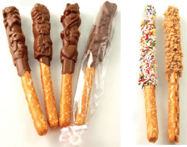 Pretzel rods dipped in Belgian chocolate, rolled in candy pieces (Skor, Rainbow sprinkles or Rainbow mini chocolate chips) or Pretzel rods topped with moulded shapes
